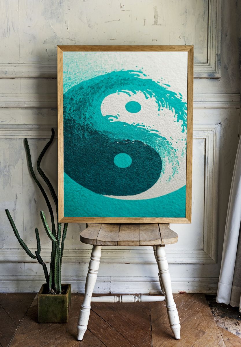 Yin Yang Teal Abstract Poster. — room view 1