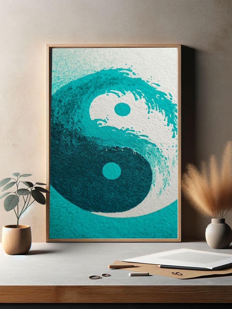 Yin Yang Teal Abstract Poster. — room view 2