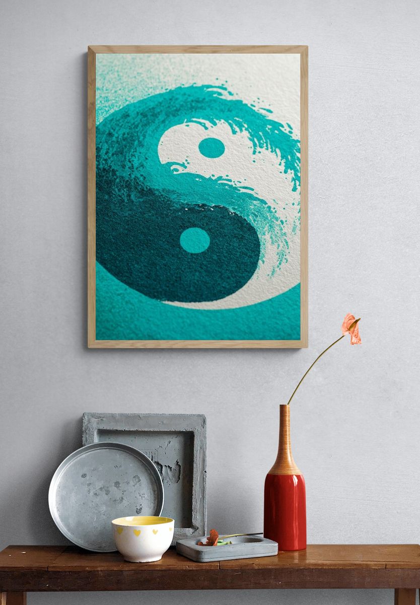 Yin Yang Teal Abstract Poster. — room view 3
