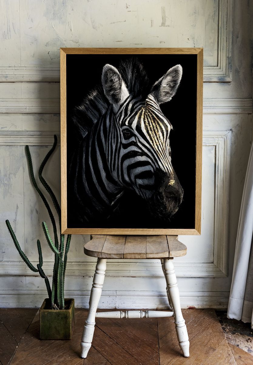Majestic Zebra Portrait Poster. — room view 1