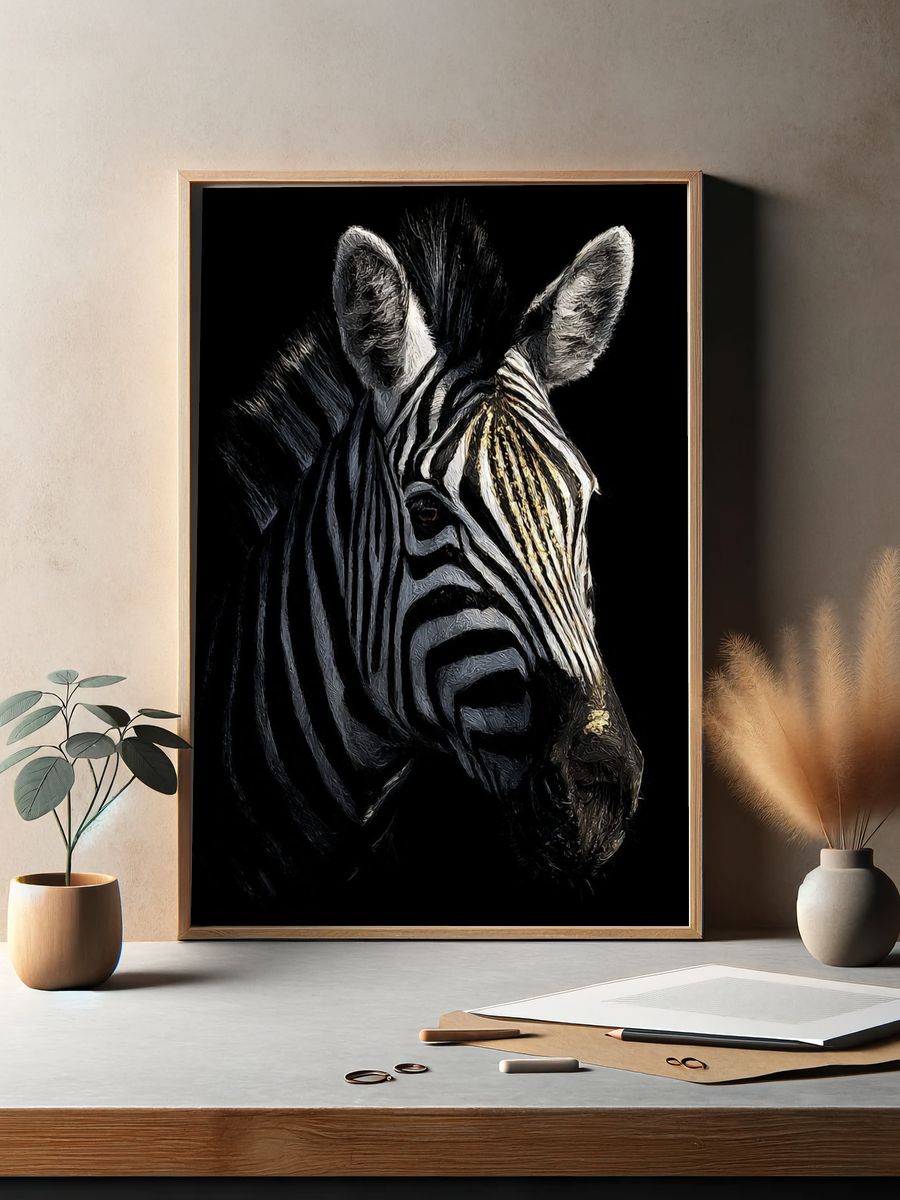 Majestic Zebra Portrait Poster. — room view 2