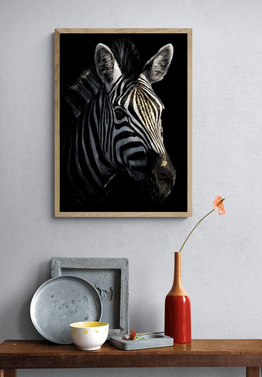 Majestic Zebra Portrait Poster. — room view 3