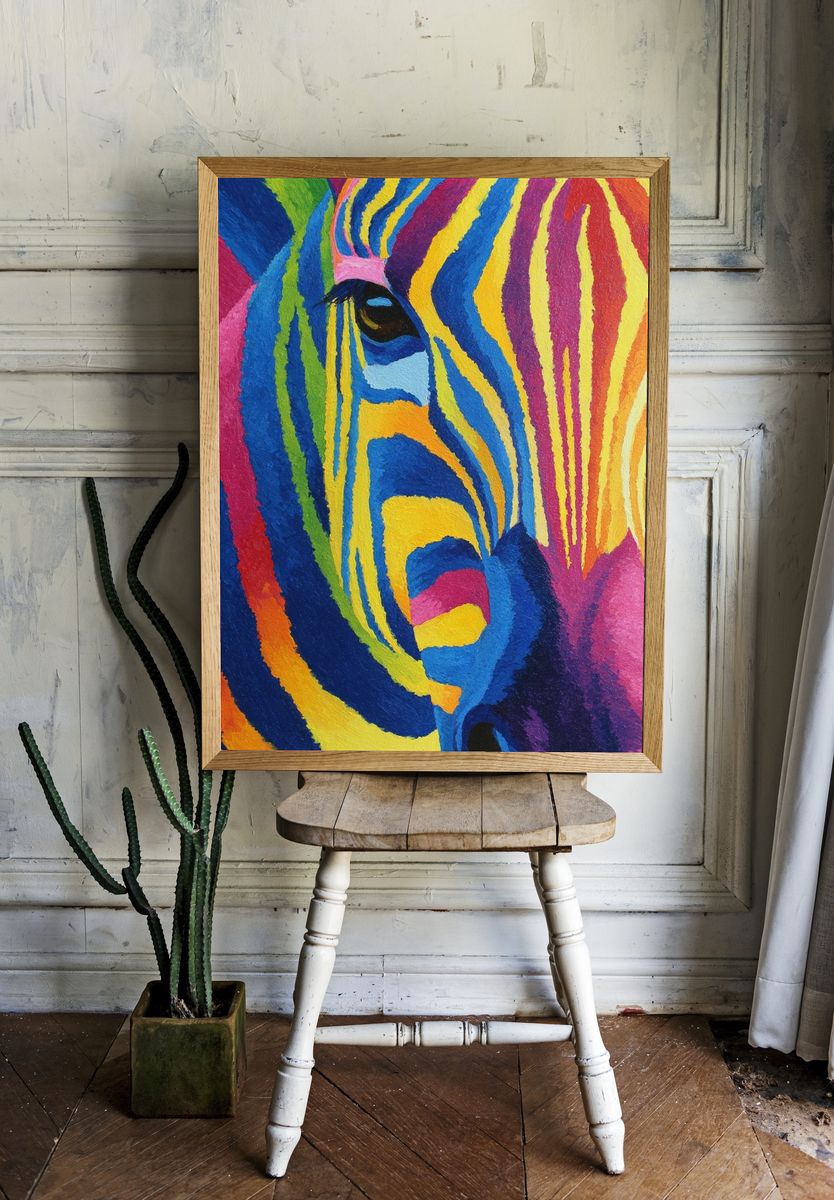Colorful Zebra Portrait Poster. — room view 1