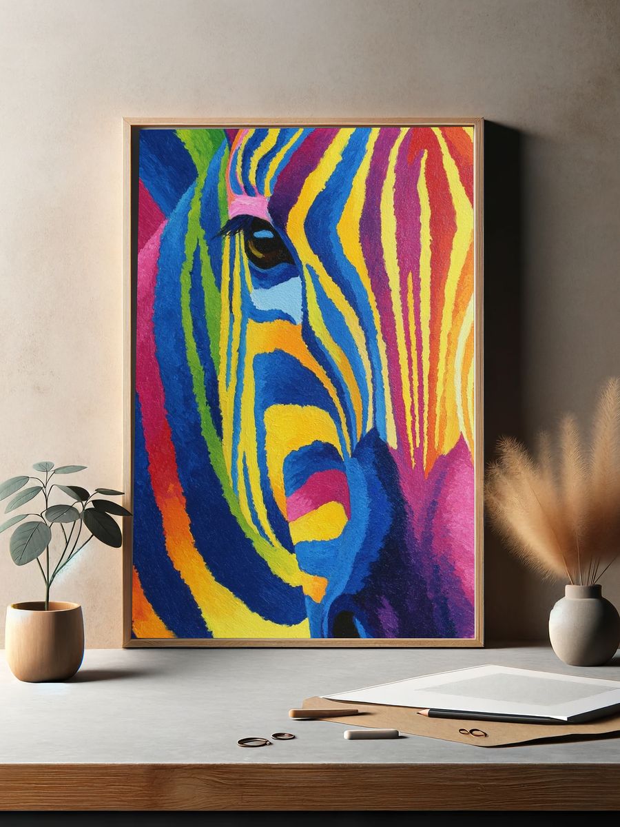 Colorful Zebra Portrait Poster. — room view 2