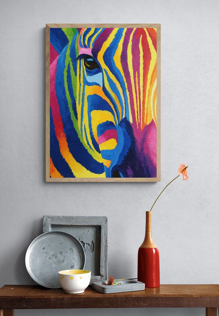 Colorful Zebra Portrait Poster. — room view 3
