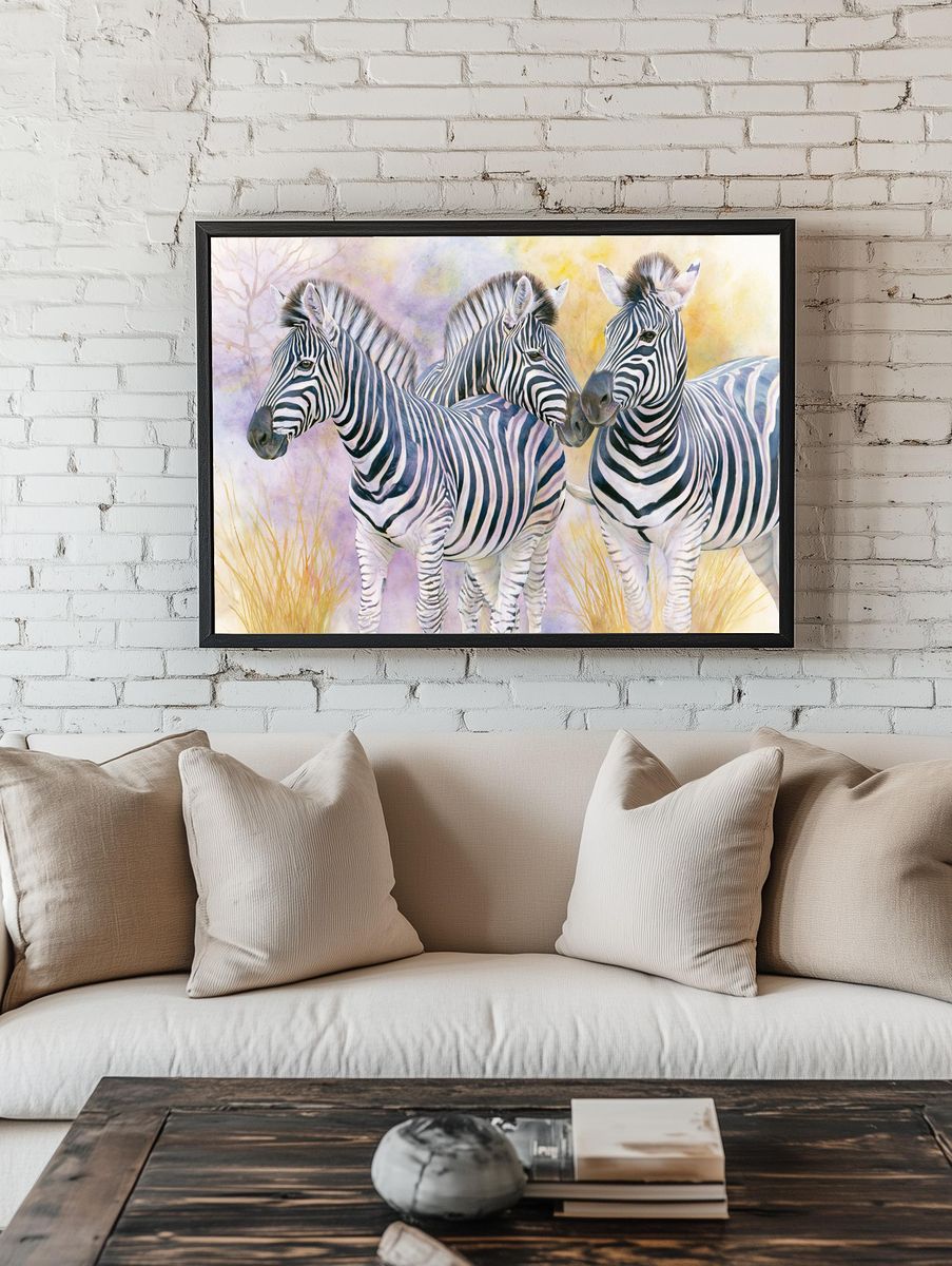 Zebra Trio Watercolor Poster. room preview