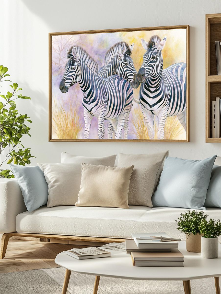 Zebra Trio Watercolor Poster. — room view 2