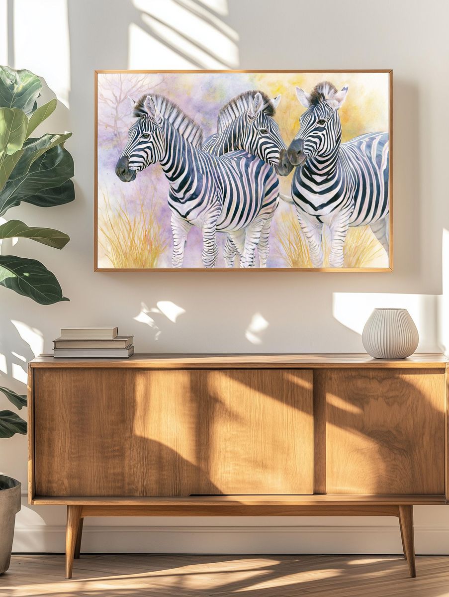 Zebra Trio Watercolor Poster. — room view 3
