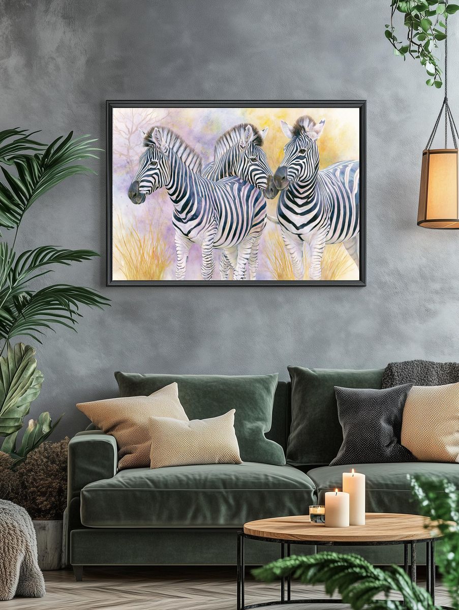 Zebra Trio Watercolor Poster. — room view 4