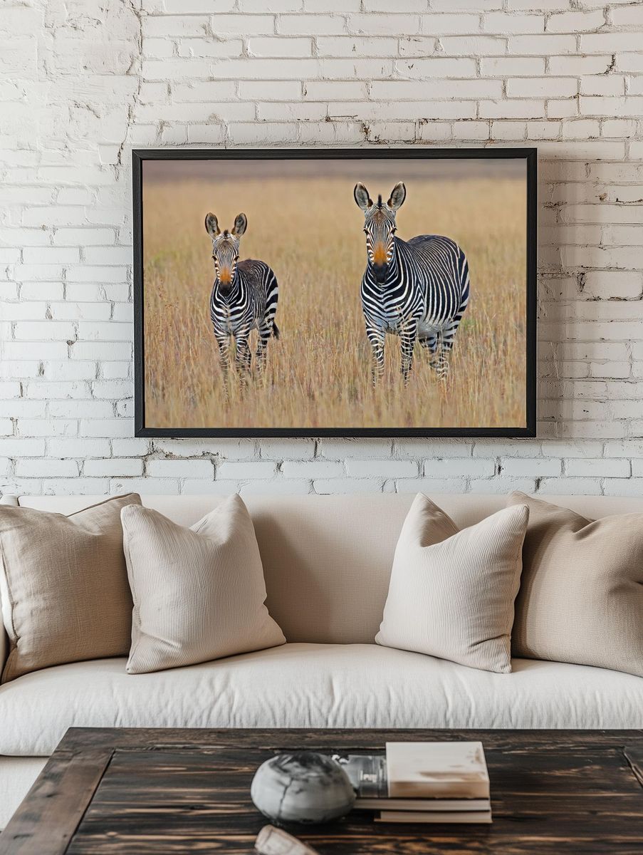 Zebra Family in Grassland Poster. — room view 1