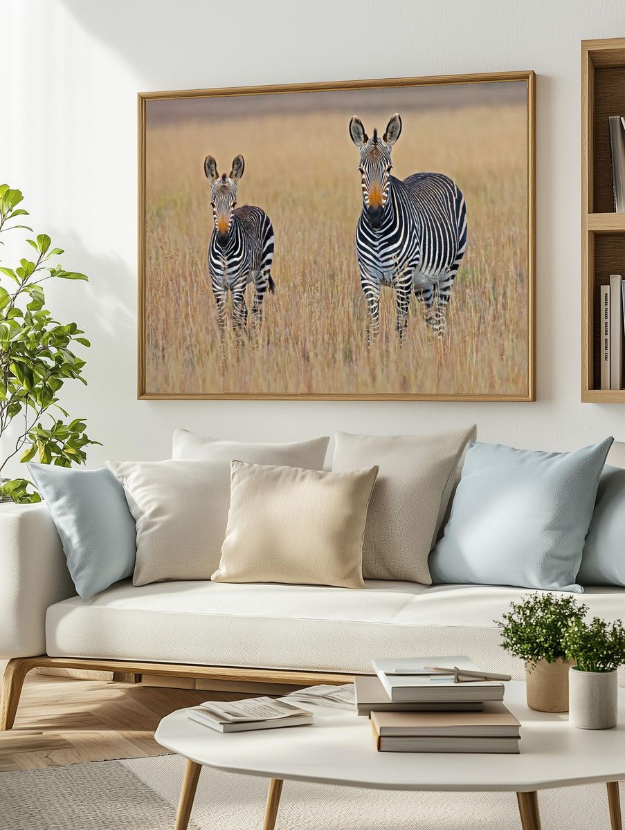 Zebra Family in Grassland Poster. — room view 2