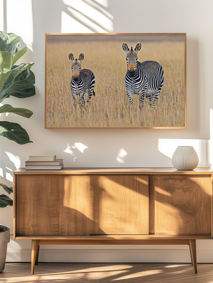 Zebra Family in Grassland Poster. — room view 3