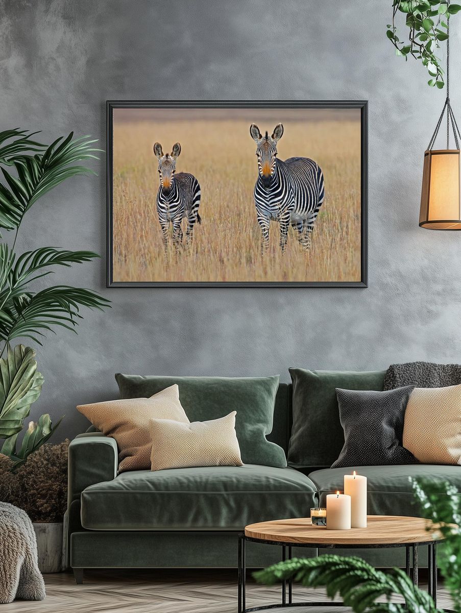 Zebra Family in Grassland Poster. — room view 4