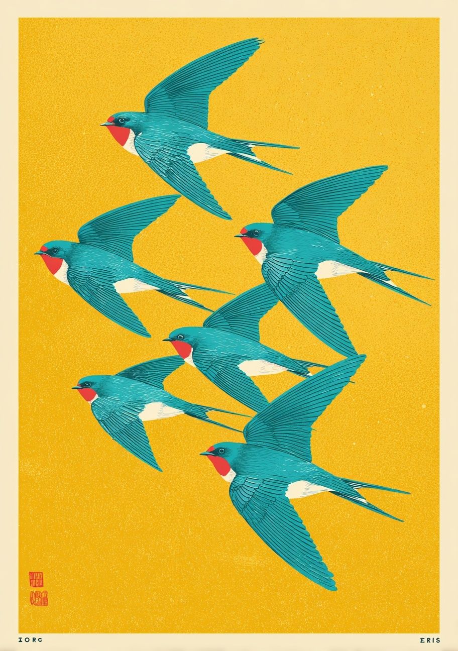 Swallows in Flight — Illustration Print. poster — illustration art