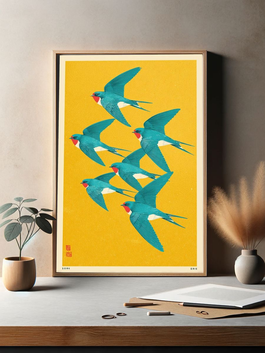 Swallows in Flight — Illustration Print. — room view 2
