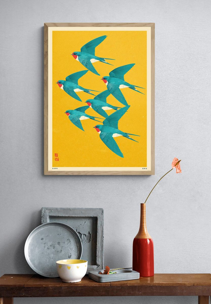 Swallows in Flight — Illustration Print. — room view 3