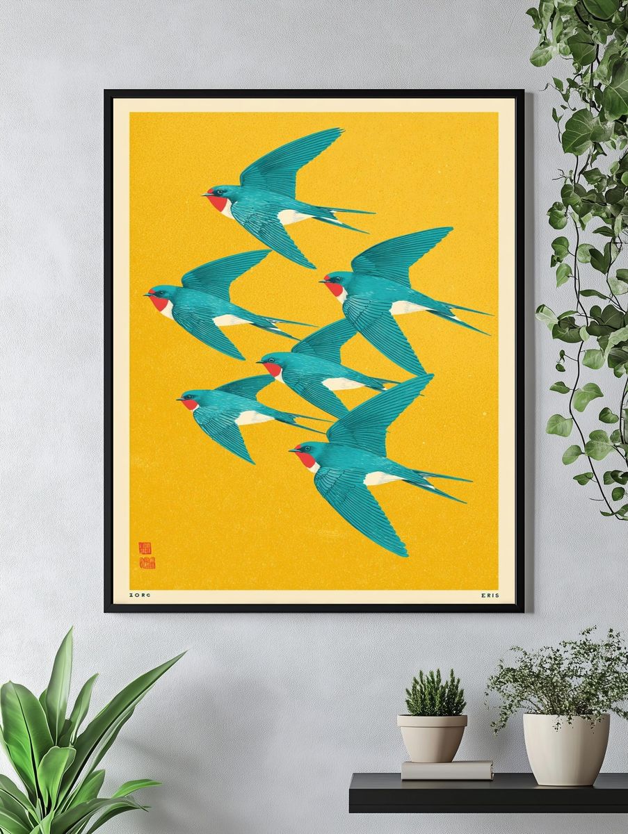 Swallows in Flight — Illustration Print. — room view 4
