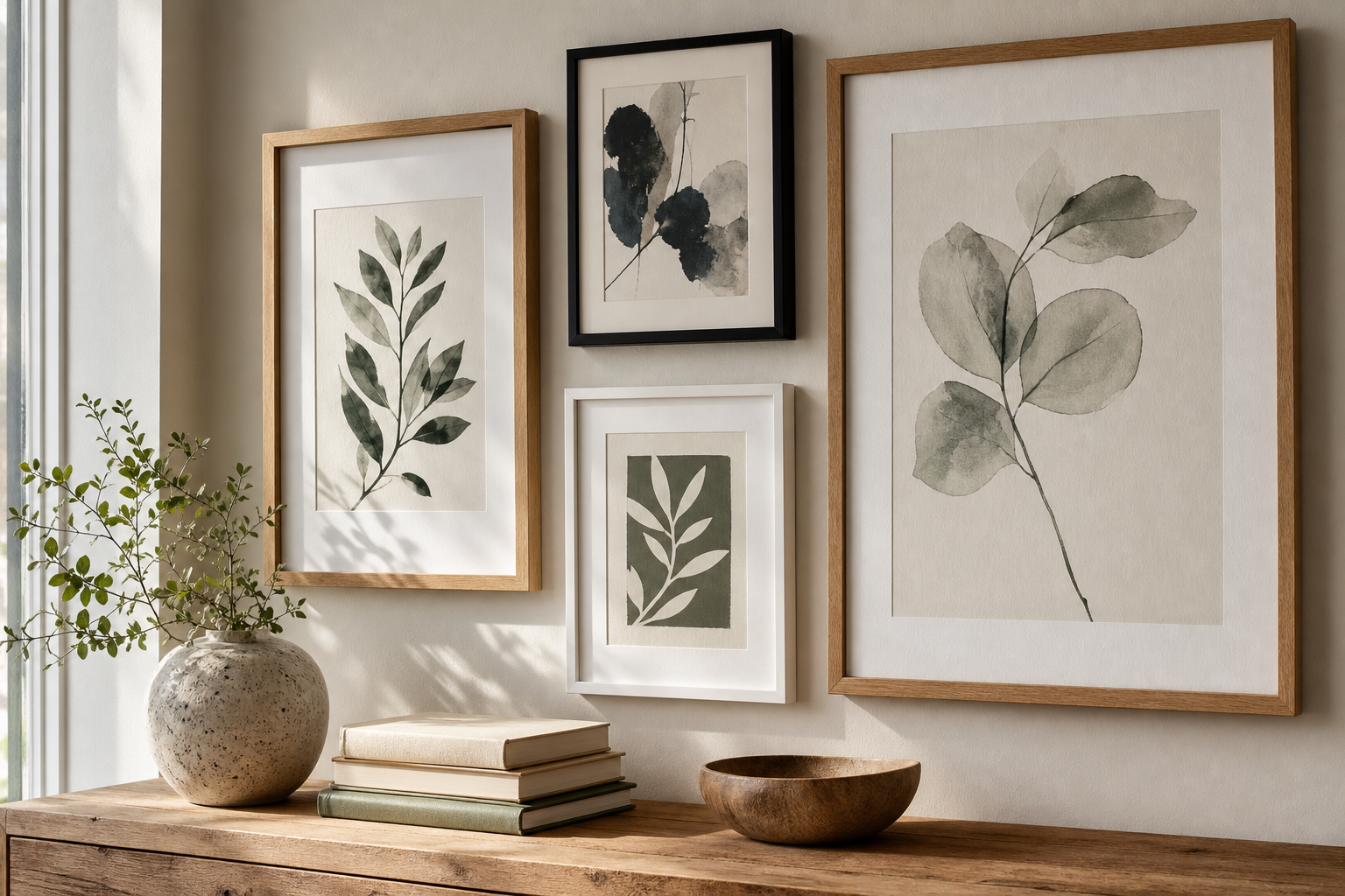 Close-up of framed illustration prints with different frame finishes