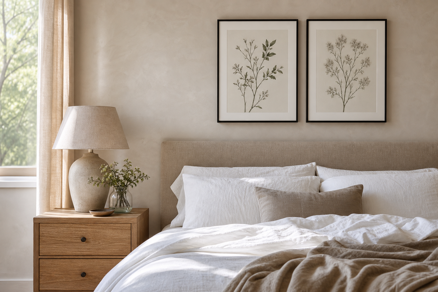 Minimal bedroom with line-based illustration wall art