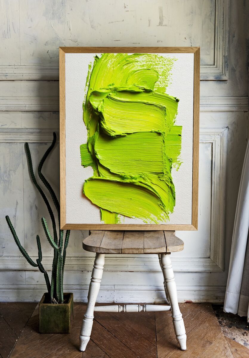 Vibrant Green Brushstroke — Abstract Print. — room view 1