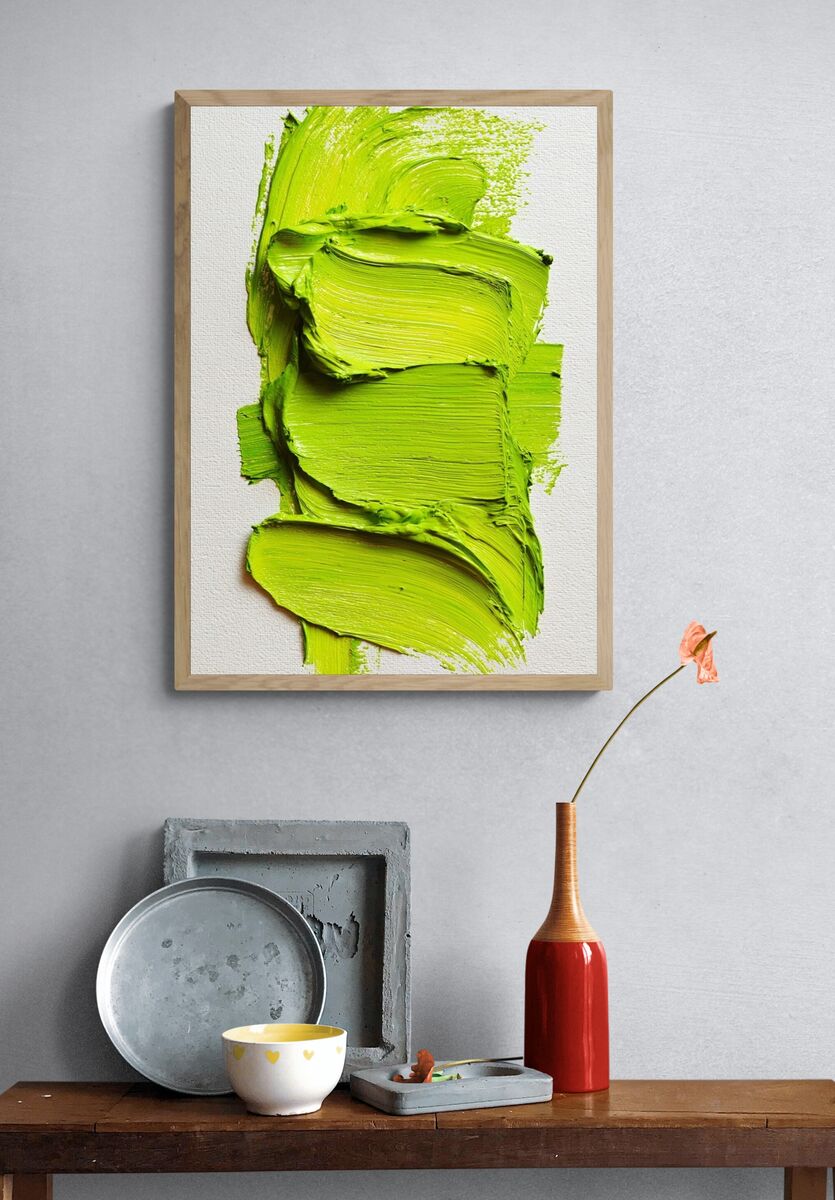 Vibrant Green Brushstroke — Abstract Print. — room view 3