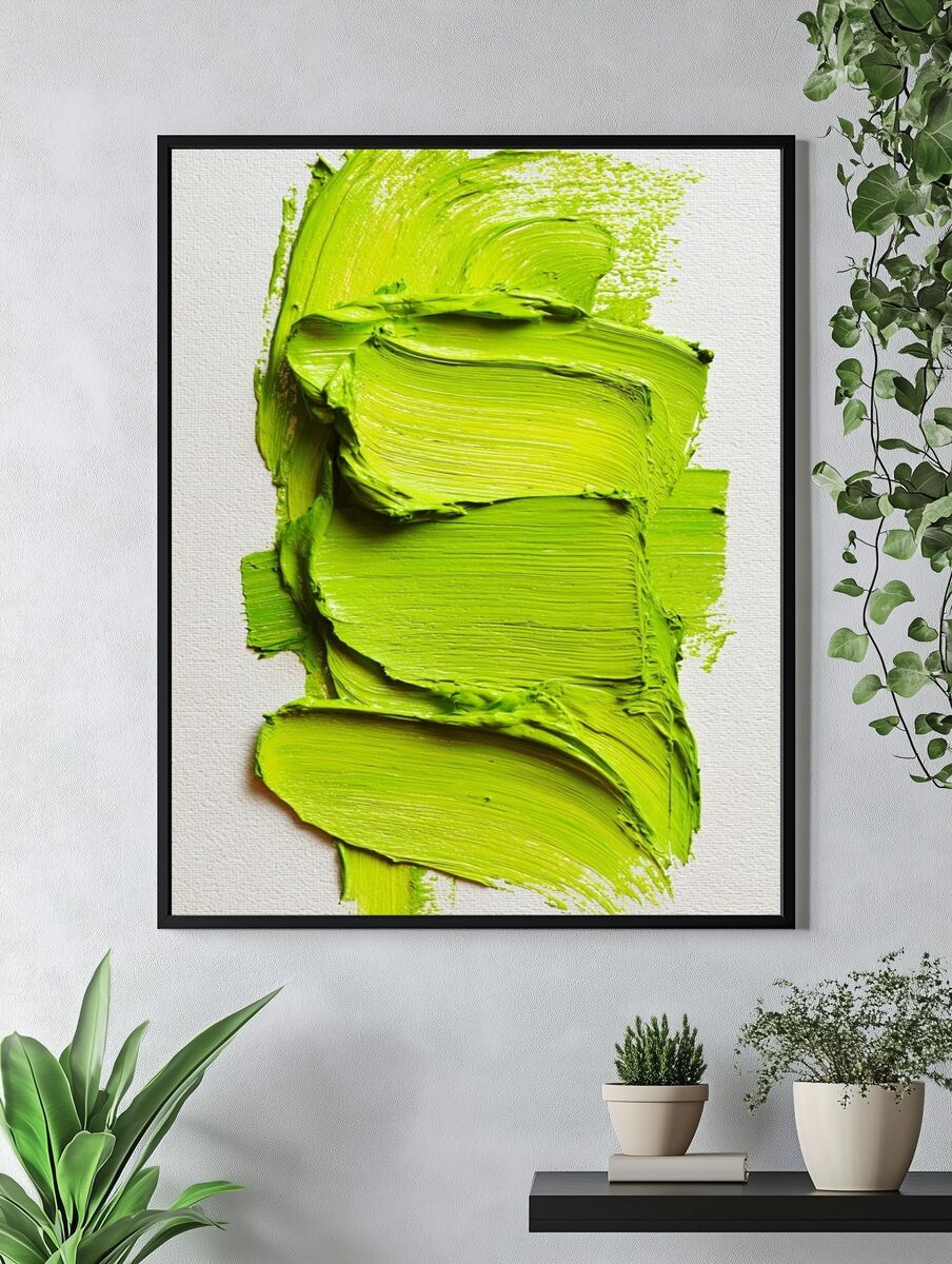 Vibrant Green Brushstroke — Abstract Print. — room view 4