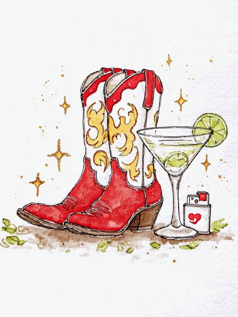 Red Cowboy Boots with Martini — Illustration Print. poster detail