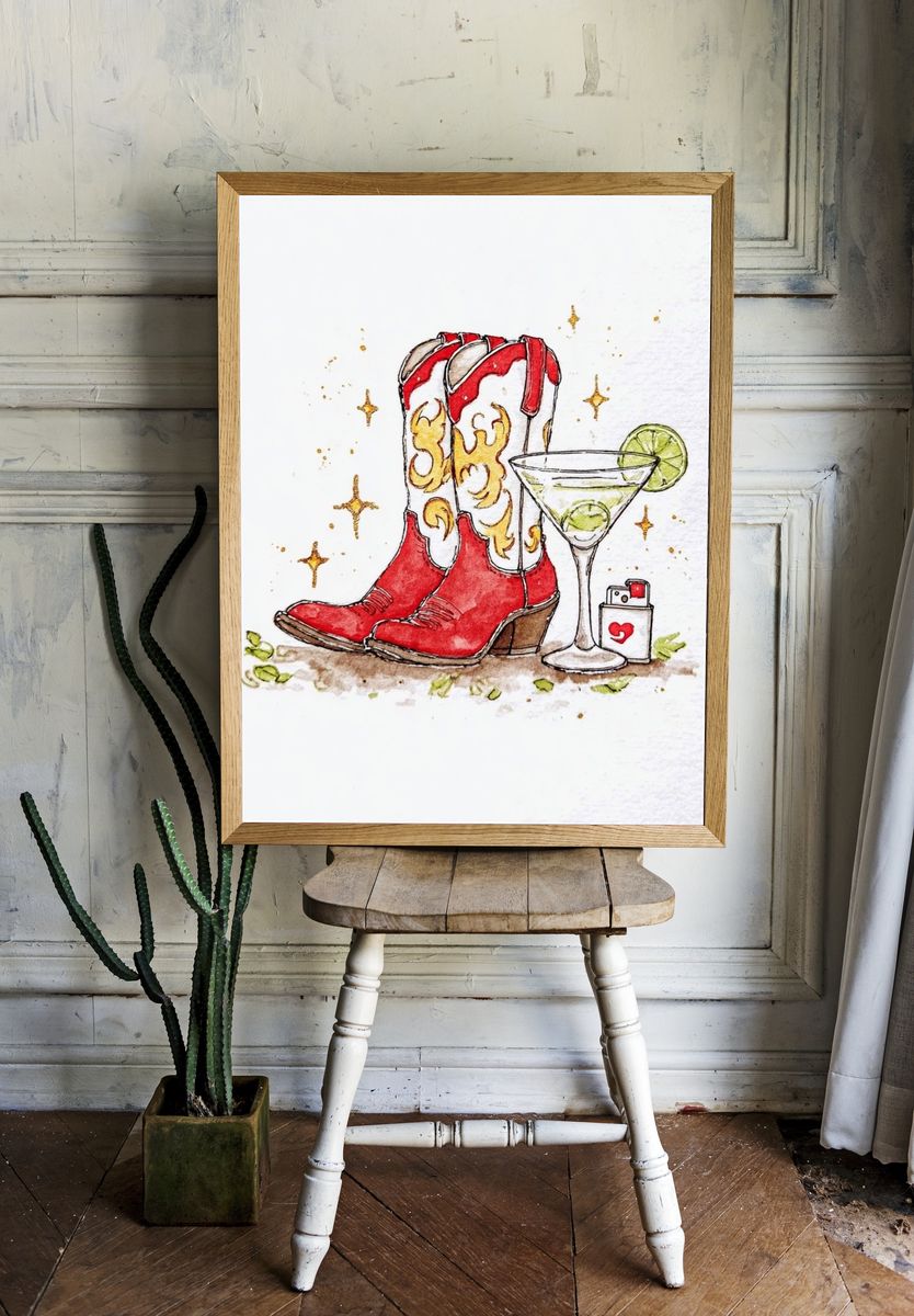 Red Cowboy Boots with Martini — Illustration Print. — room view 1