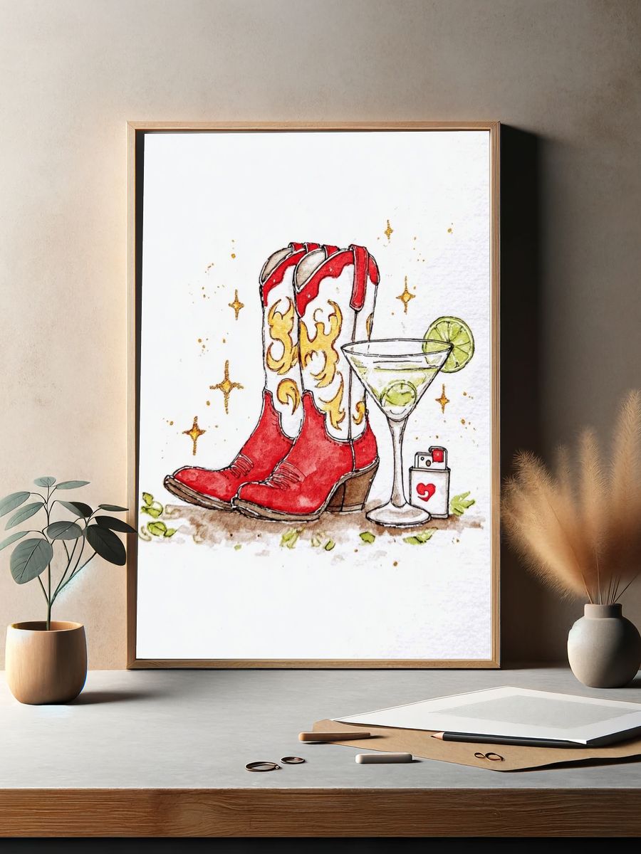 Red Cowboy Boots with Martini — Illustration Print. — room view 2