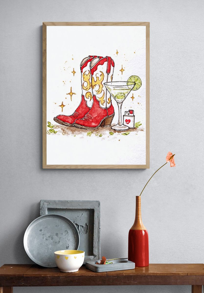 Red Cowboy Boots with Martini — Illustration Print. — room view 3