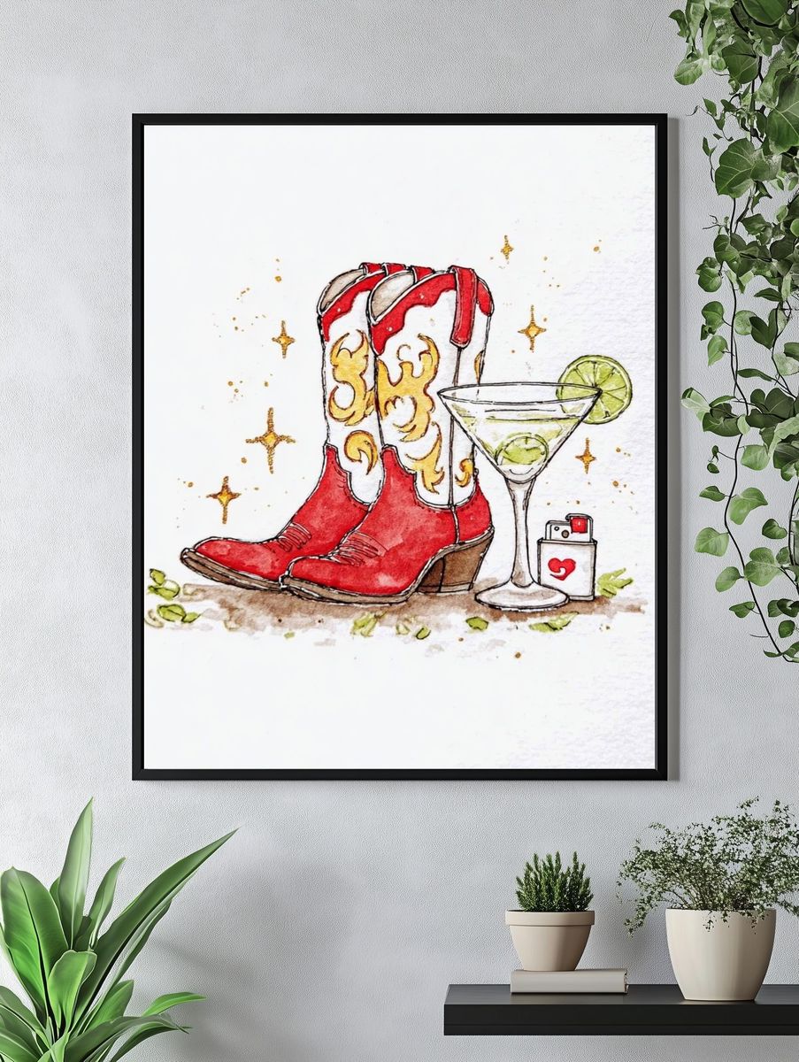 Red Cowboy Boots with Martini — Illustration Print. — room view 4