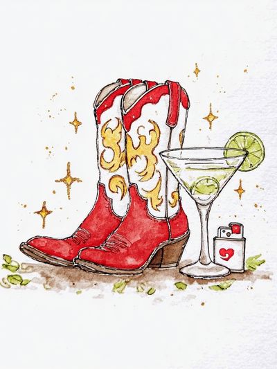 Red Cowboy Boots with Martini — Illustration Print. poster