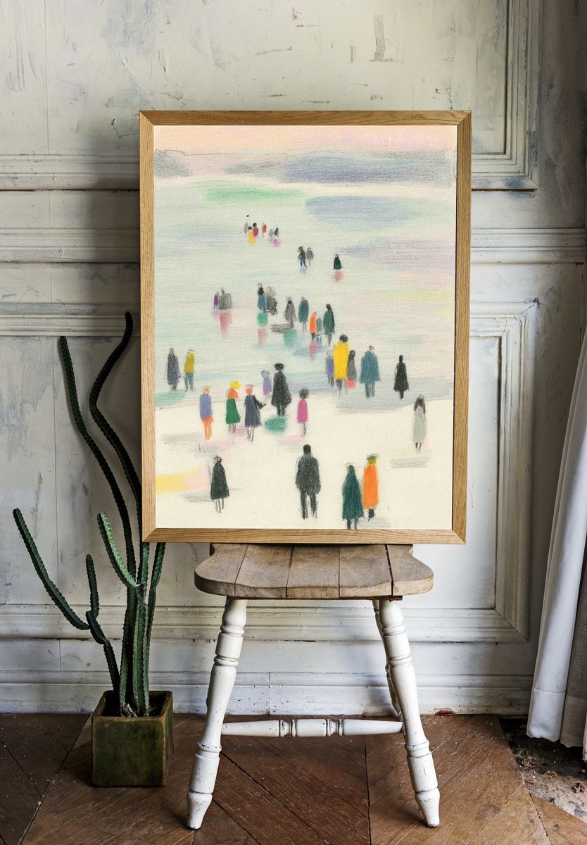 Colorful Crowd by the Shore — Illustration Print. — room view 1