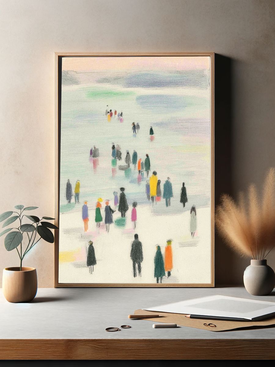 Colorful Crowd by the Shore — Illustration Print. — room view 2