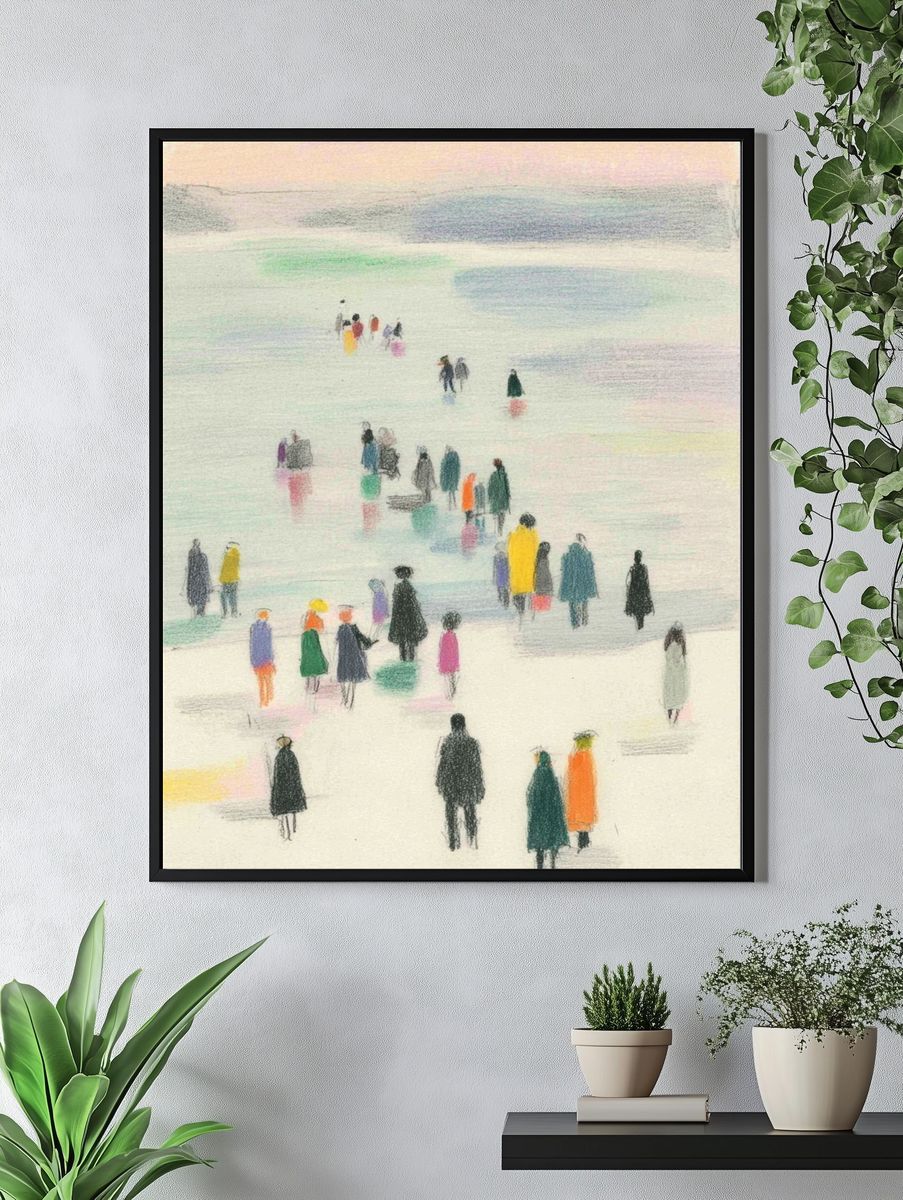 Colorful Crowd by the Shore — Illustration Print. — room view 4