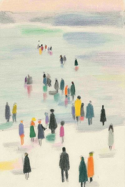 Colorful Crowd by the Shore — Illustration Print. poster