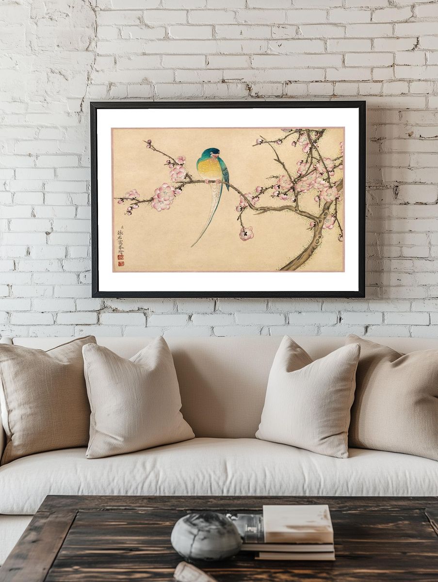 Colorful Bird on Cherry Blossom Branch — Illustration Print. — room view 1
