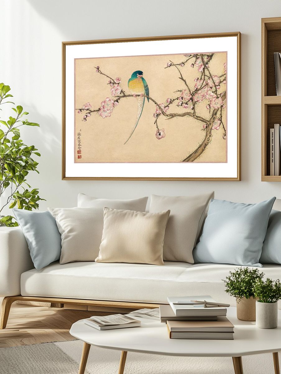 Colorful Bird on Cherry Blossom Branch — Illustration Print. — room view 2