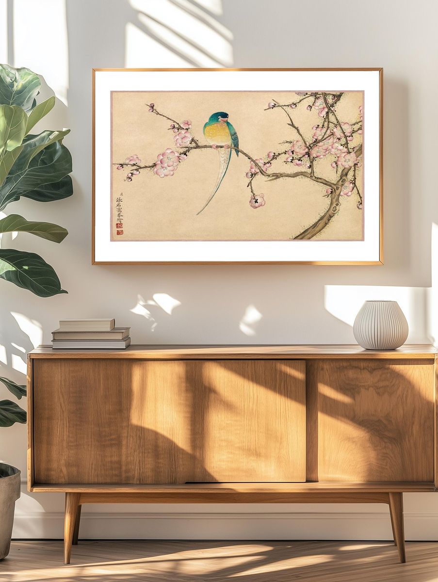 Colorful Bird on Cherry Blossom Branch — Illustration Print. — room view 3