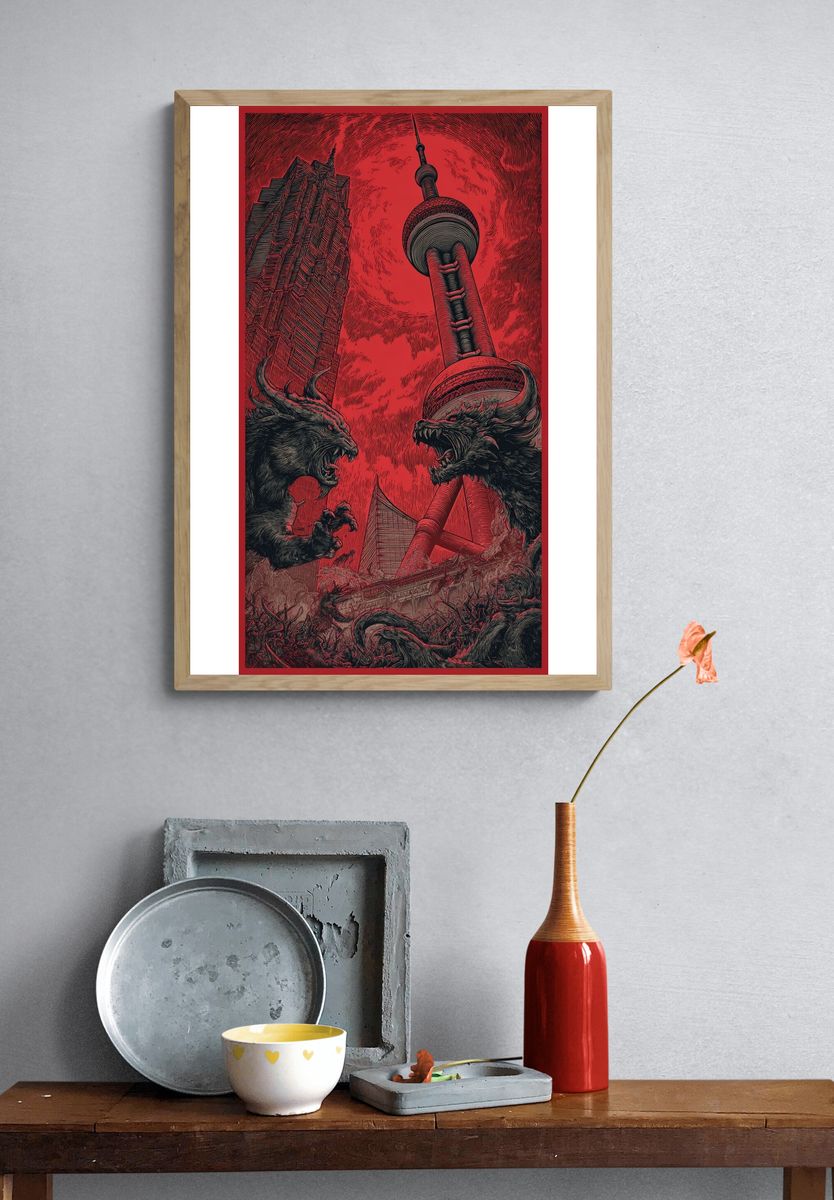 Monstrous Battle in Shanghai — Illustration Print. — room view 3