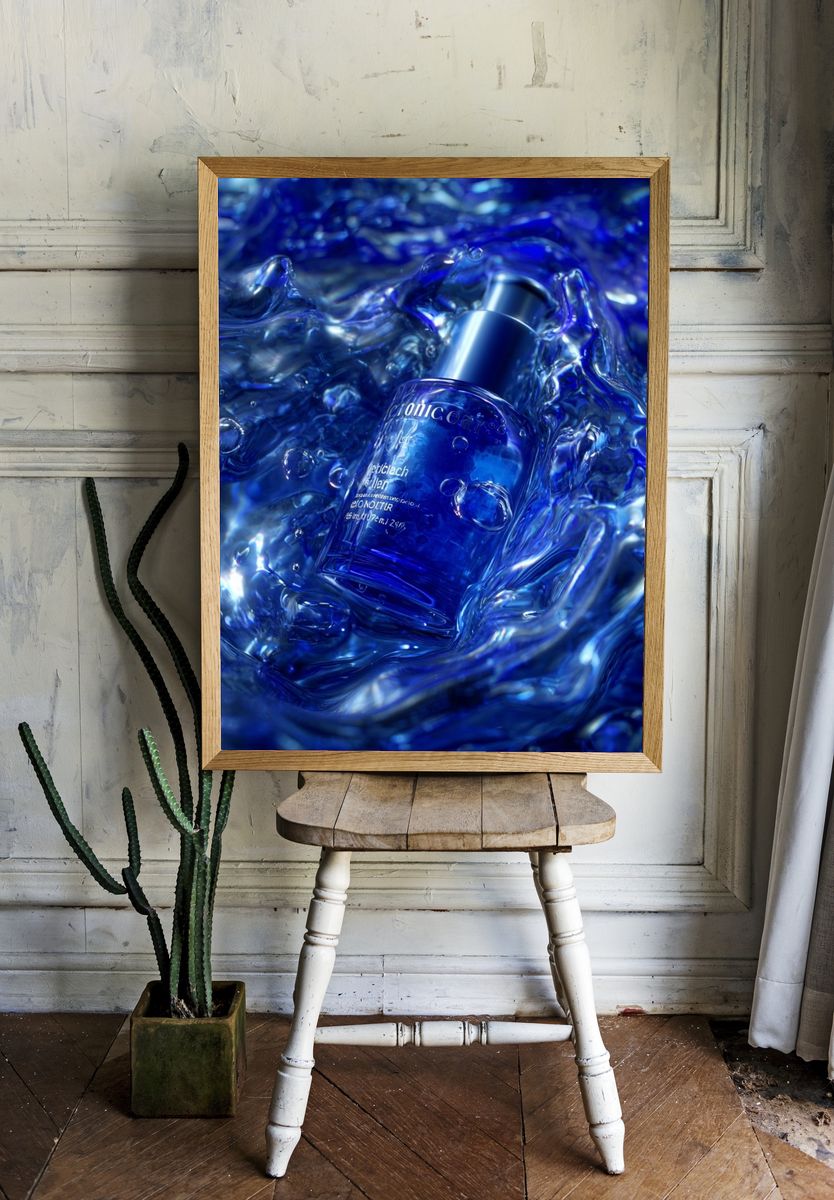 Blue Liquid Bottle Abstract Poster. — room view 1