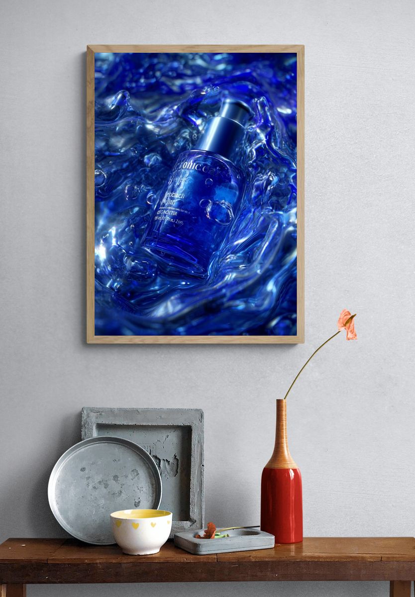 Blue Liquid Bottle Abstract Poster. — room view 3