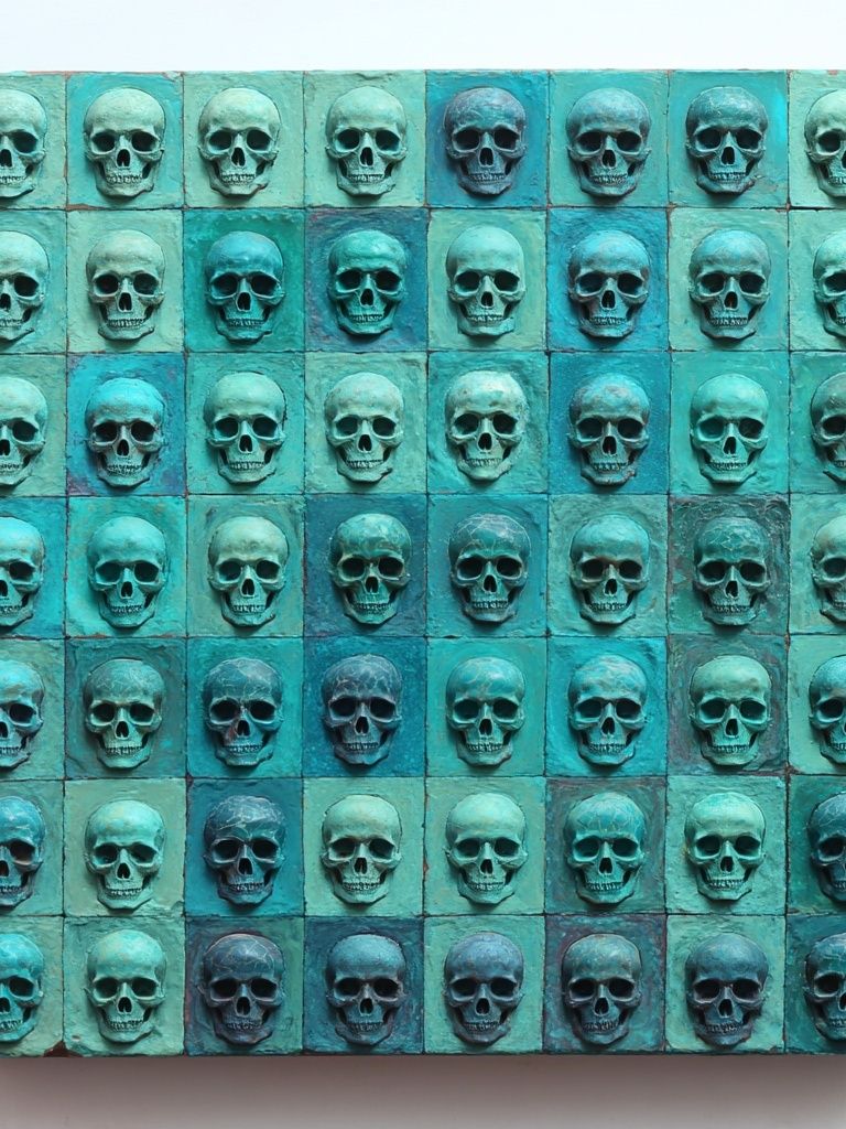 Turquoise Skull Grid Abstract Poster. poster detail