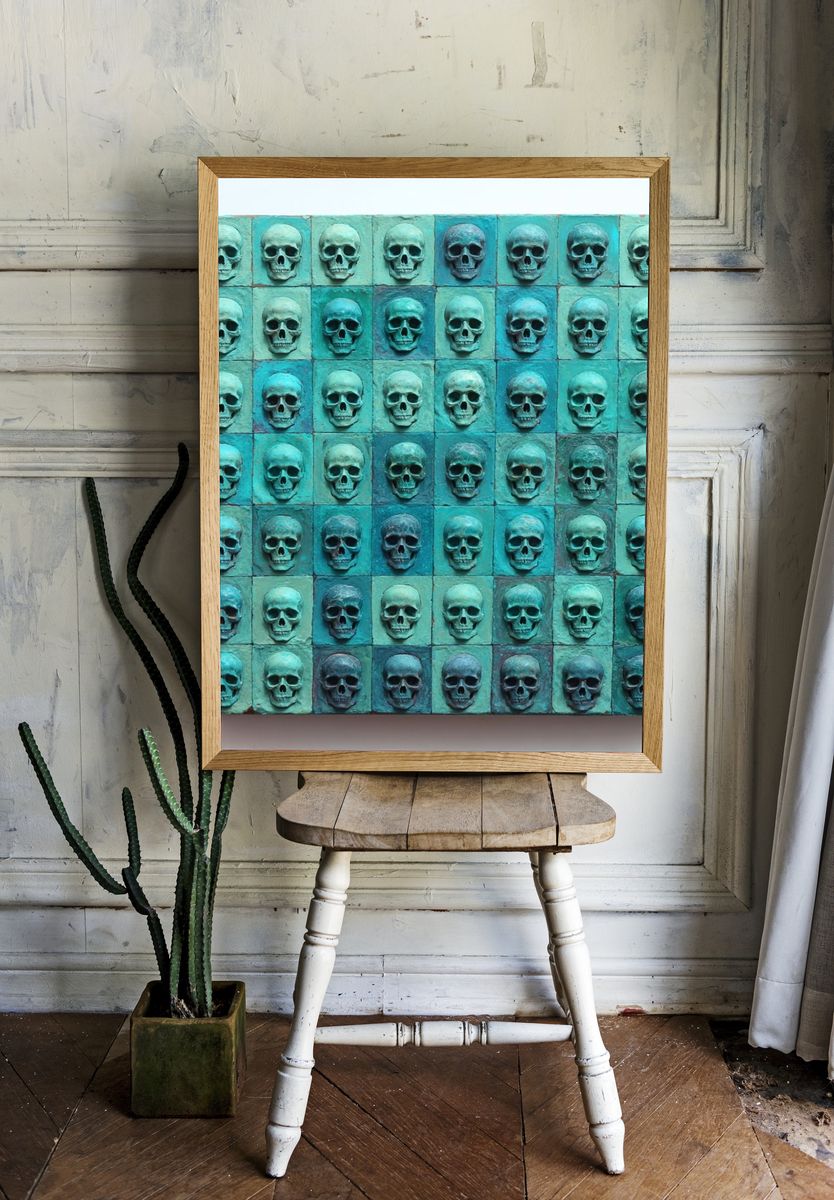 Turquoise Skull Grid Abstract Poster. — room view 1