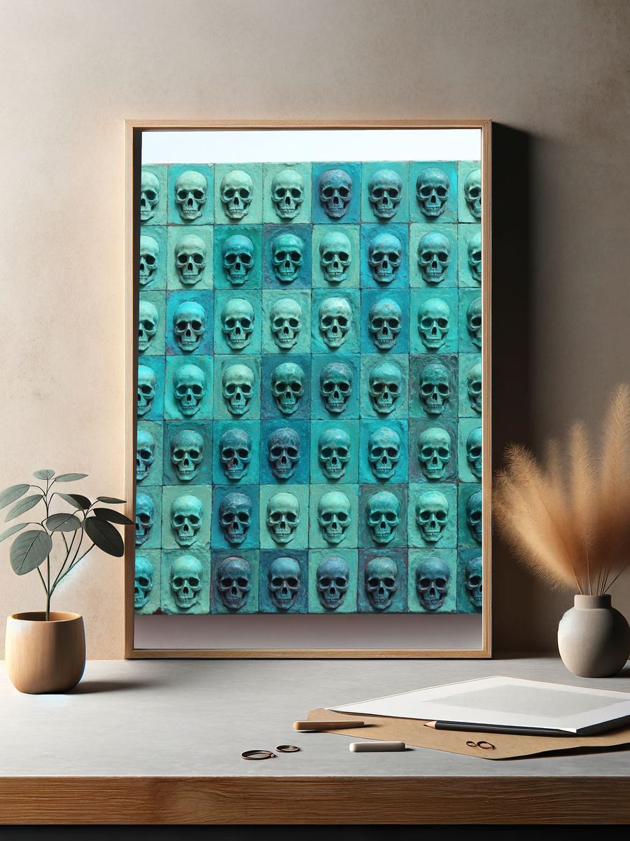 Turquoise Skull Grid Abstract Poster. — room view 2