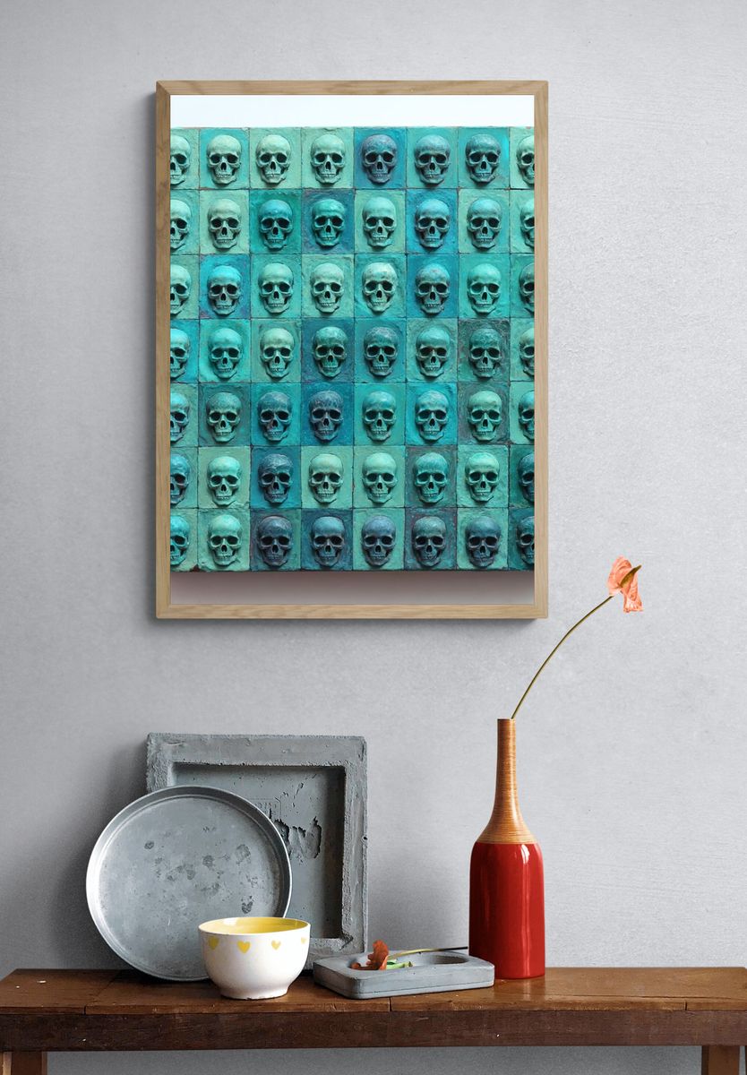 Turquoise Skull Grid Abstract Poster. — room view 3
