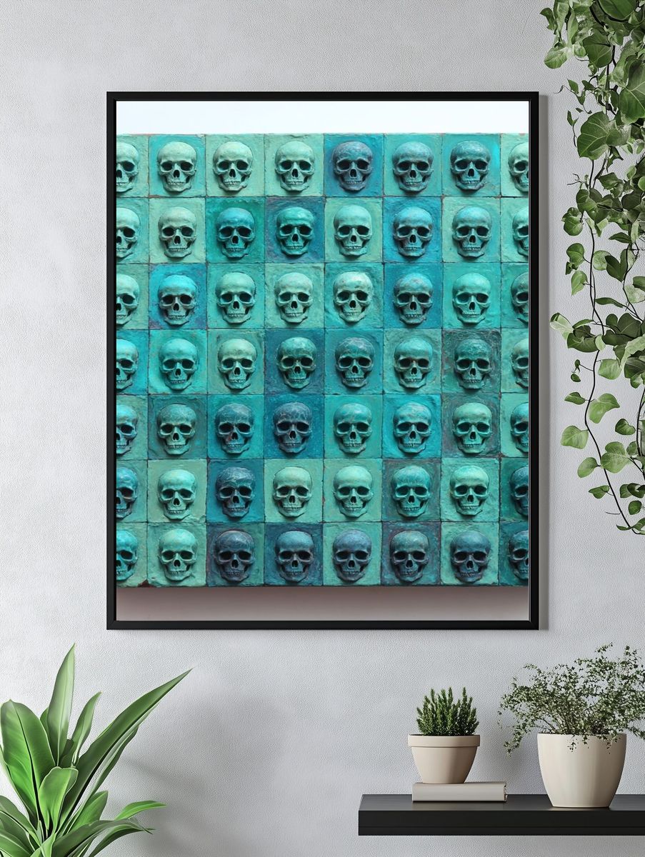 Turquoise Skull Grid Abstract Poster. — room view 4