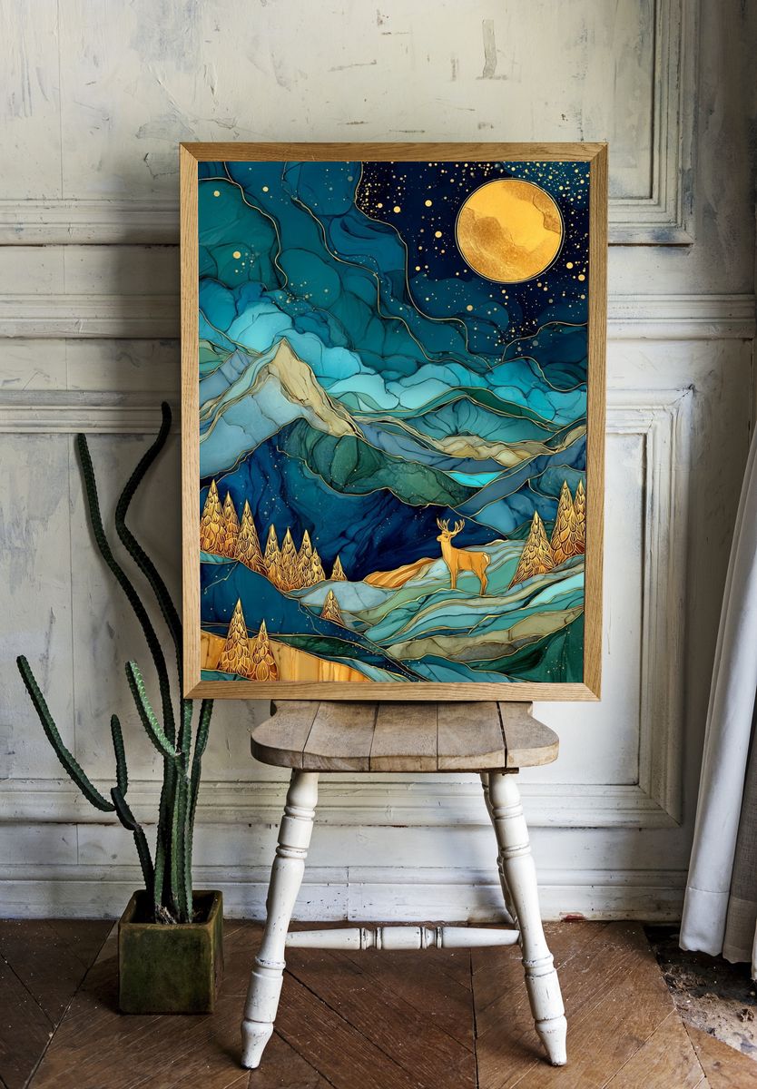 Moonlit Deer Landscape Abstract Print. — room view 1