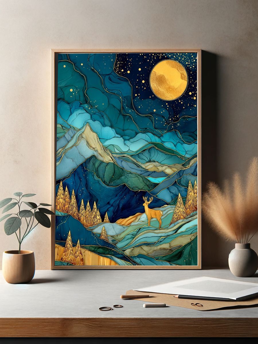 Moonlit Deer Landscape Abstract Print. — room view 2
