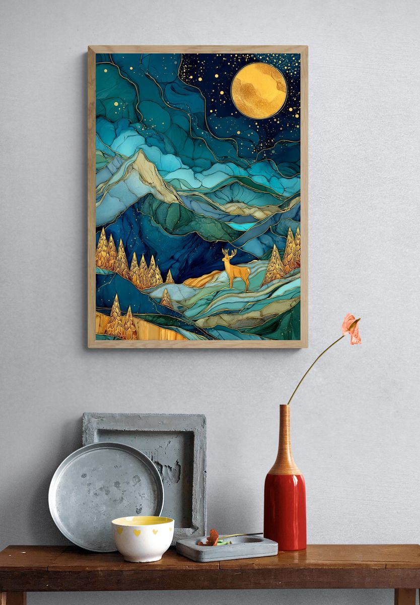 Moonlit Deer Landscape Abstract Print. — room view 3